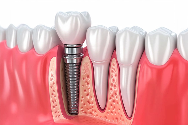 İmplant Fiyatları Neye Göre Değişir? Kemik yapısı içerisinde konumlandırılmış bir diş implantını ve üst protezini gösteren görsel