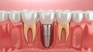 Çene kemiğine yerleştirilmiş bir diş implantını gösteren görsel